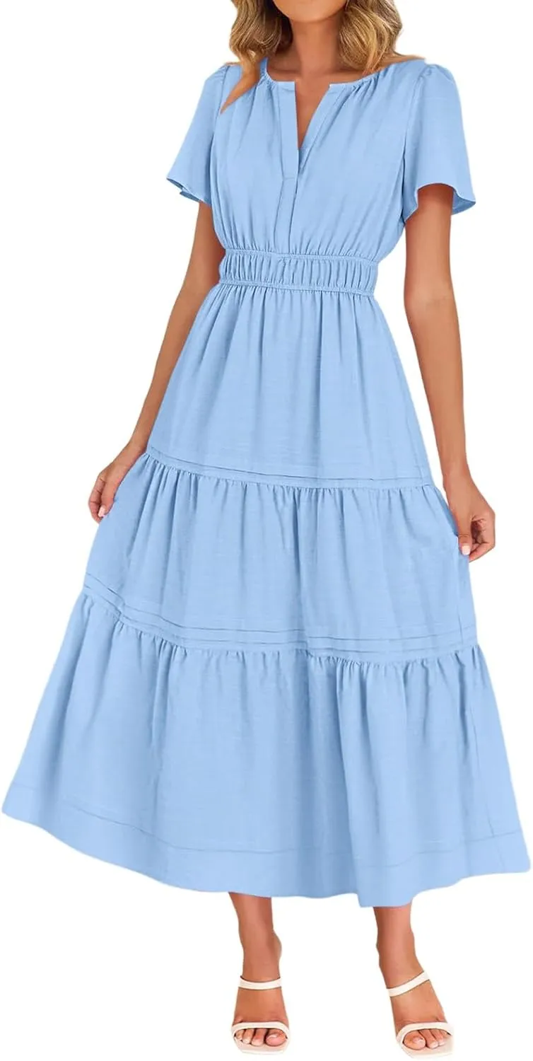 Linen Dresses for Women 2025,Flowy Pleated T Shirt Modest Maxi Dresses Trendy Cute Beach Vacation A Line Sundresses