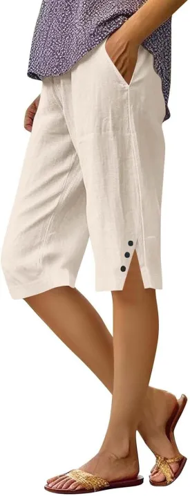 Long Shorts for Women Lightweight Linen Capri Pants Casual Loose Elastic Waist Bermuda Shorts Summer Capris Pants
