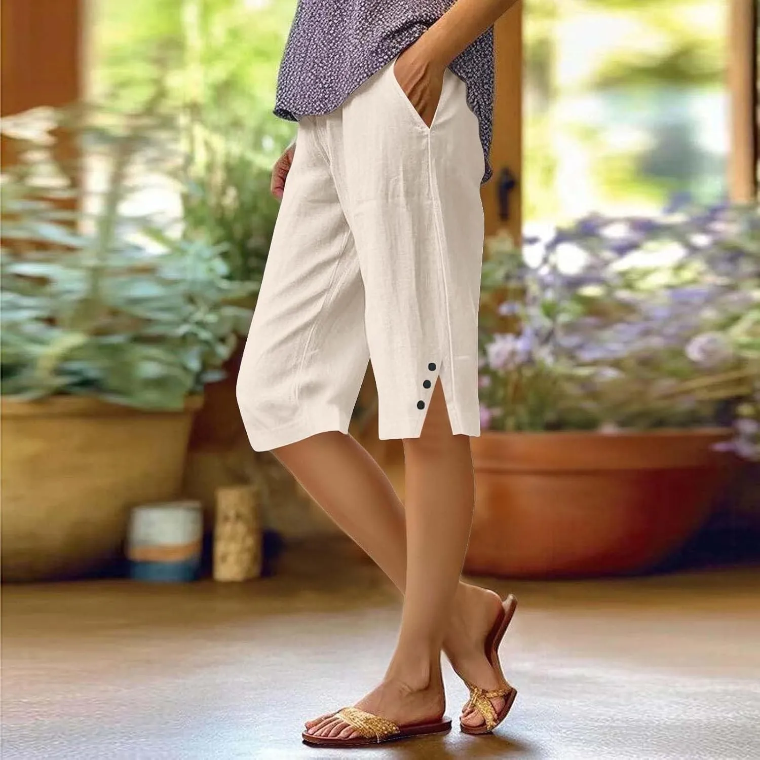 Long Shorts for Women Lightweight Linen Capri Pants Casual Loose Elastic Waist Bermuda Shorts Summer Capris Pants
