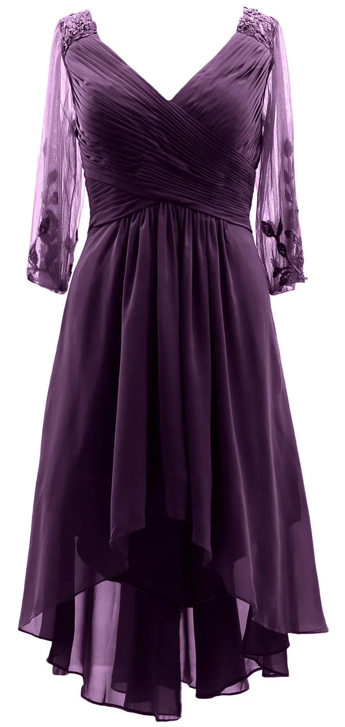 MACloth Women Neck High Low Mother of Bride Dresses V Evening Gown with Sleeves