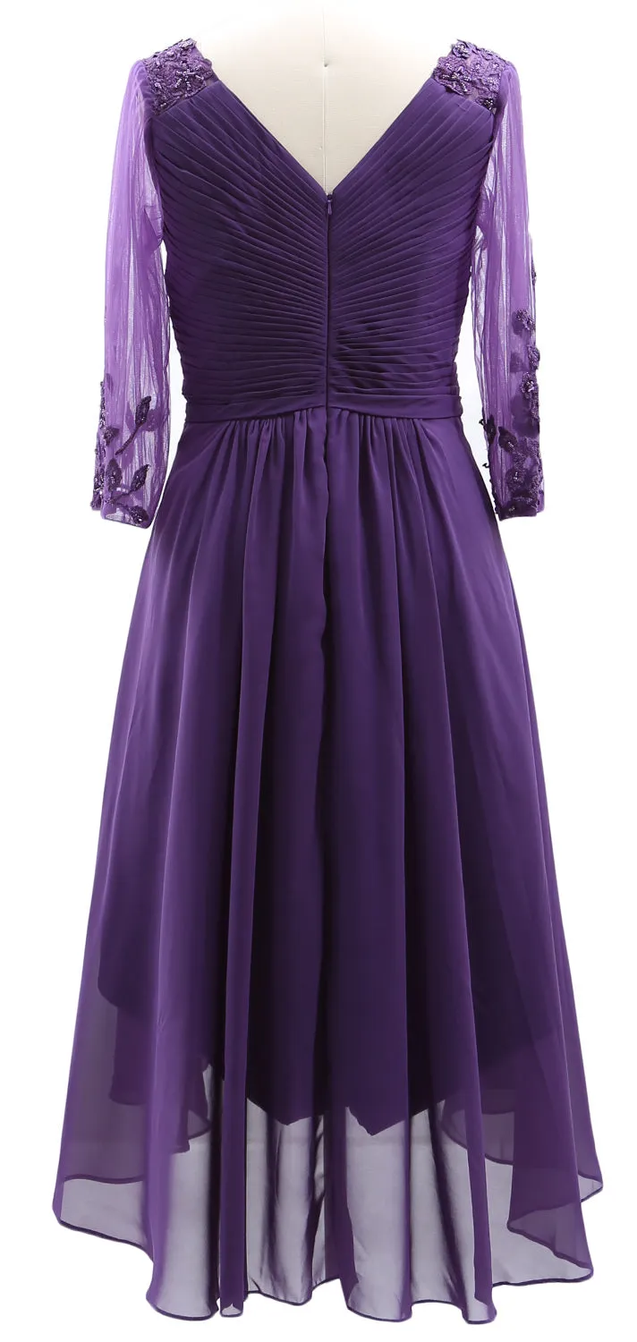 MACloth Women Neck High Low Mother of Bride Dresses V Evening Gown with Sleeves