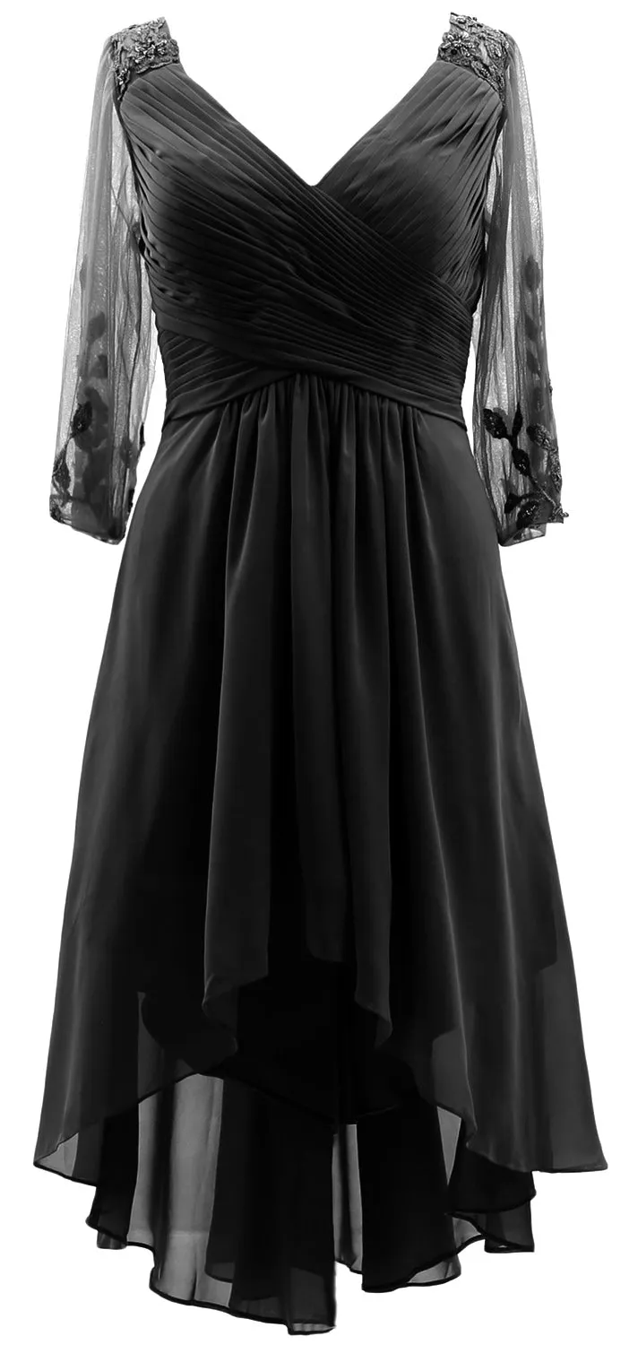 MACloth Women Neck High Low Mother of Bride Dresses V Evening Gown with Sleeves