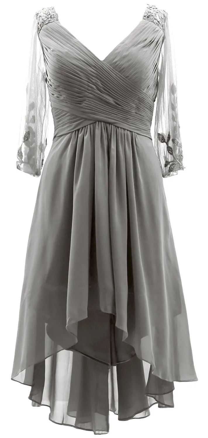 MACloth Women Neck High Low Mother of Bride Dresses V Evening Gown with Sleeves