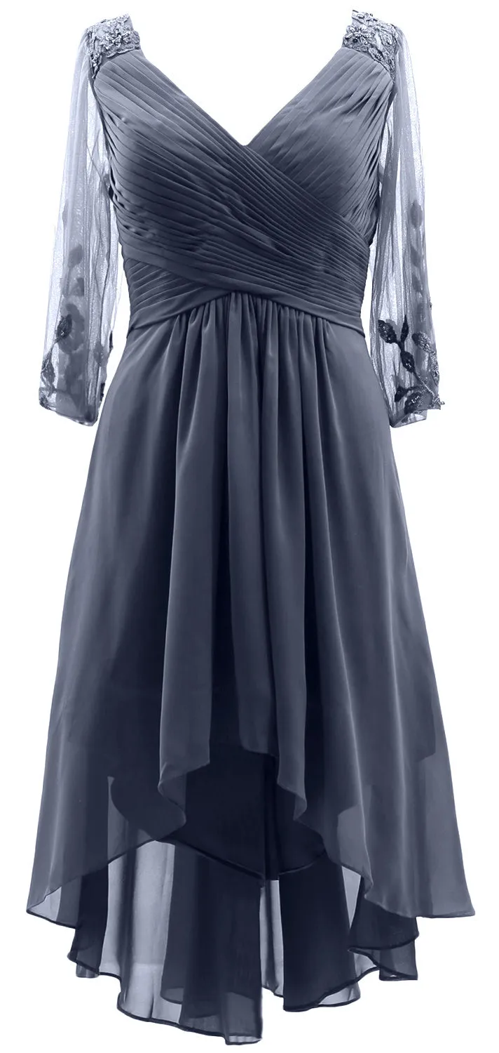 MACloth Women Neck High Low Mother of Bride Dresses V Evening Gown with Sleeves