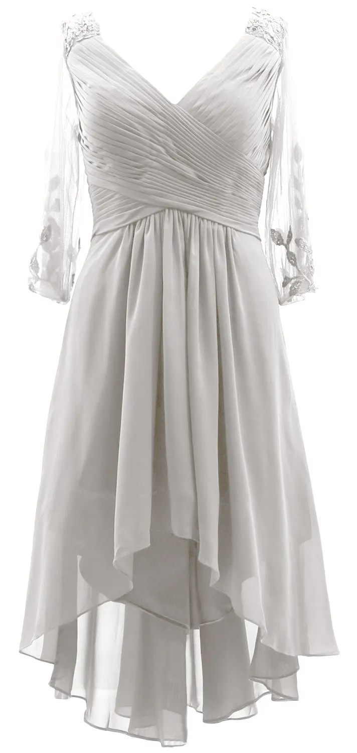 MACloth Women Neck High Low Mother of Bride Dresses V Evening Gown with Sleeves