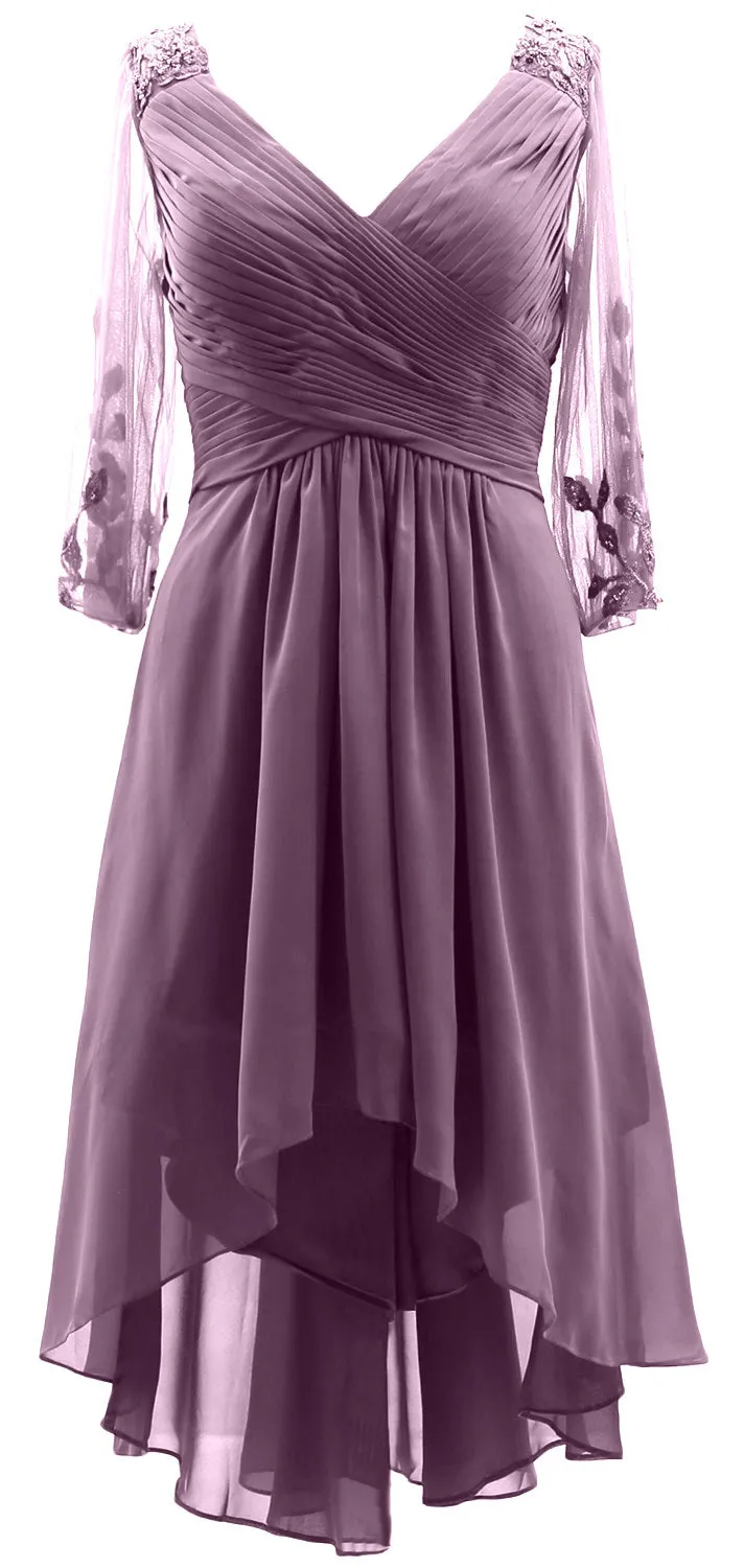 MACloth Women Neck High Low Mother of Bride Dresses V Evening Gown with Sleeves