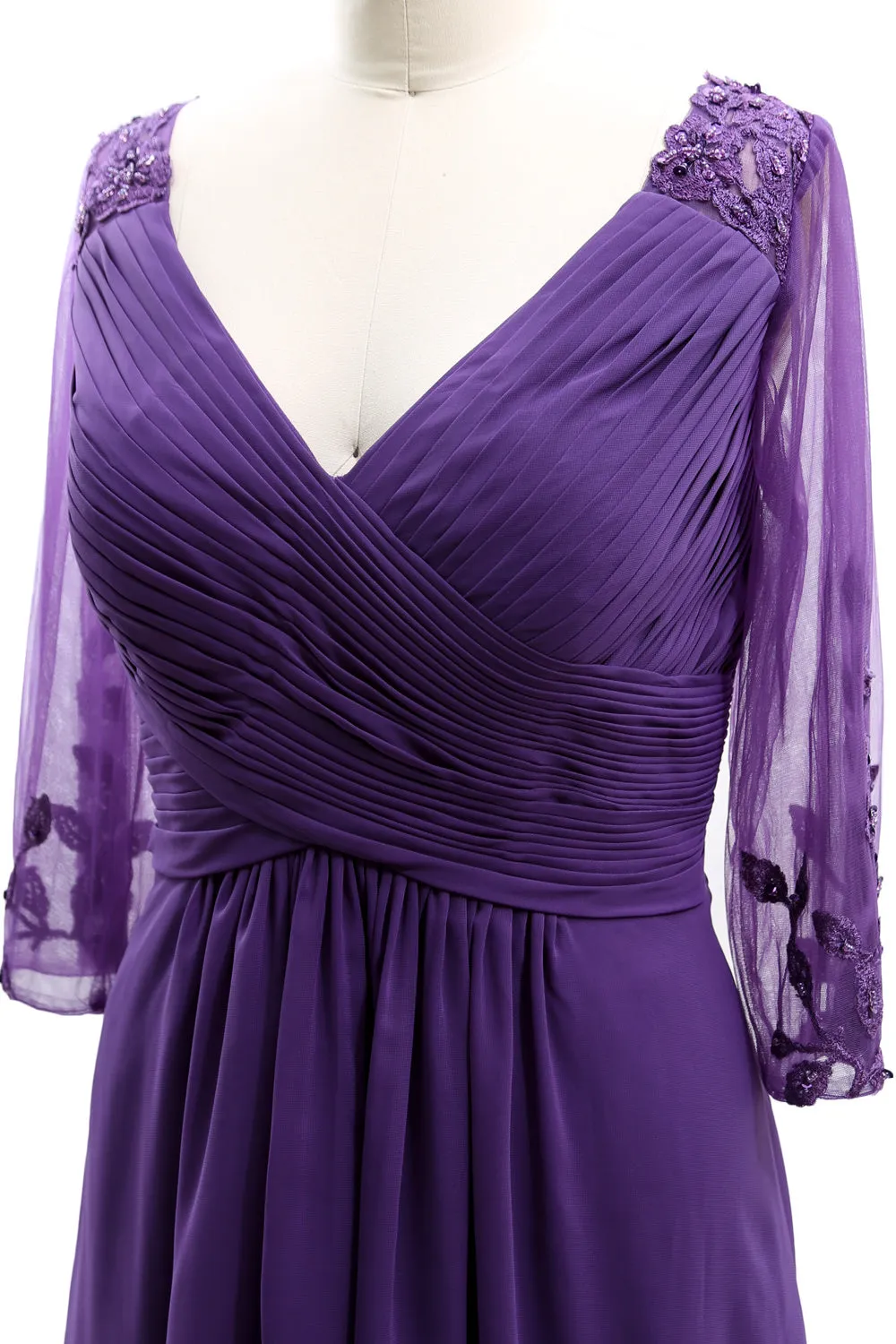 MACloth Women Neck High Low Mother of Bride Dresses V Evening Gown with Sleeves