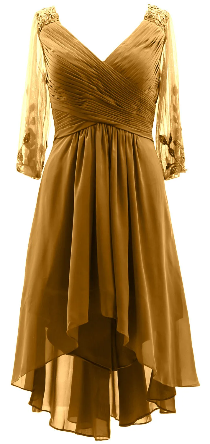 MACloth Women Neck High Low Mother of Bride Dresses V Evening Gown with Sleeves