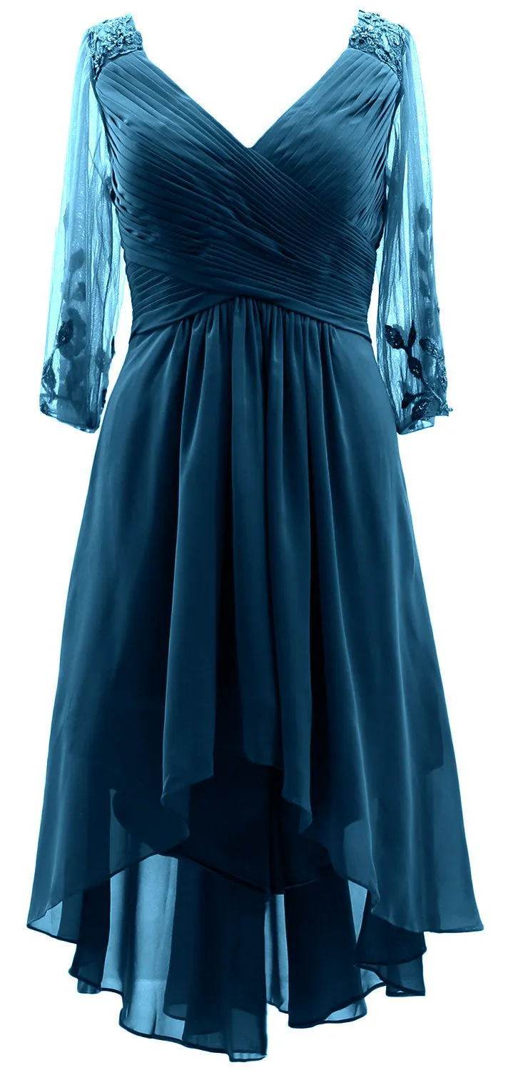 MACloth Women Neck High Low Mother of Bride Dresses V Evening Gown with Sleeves