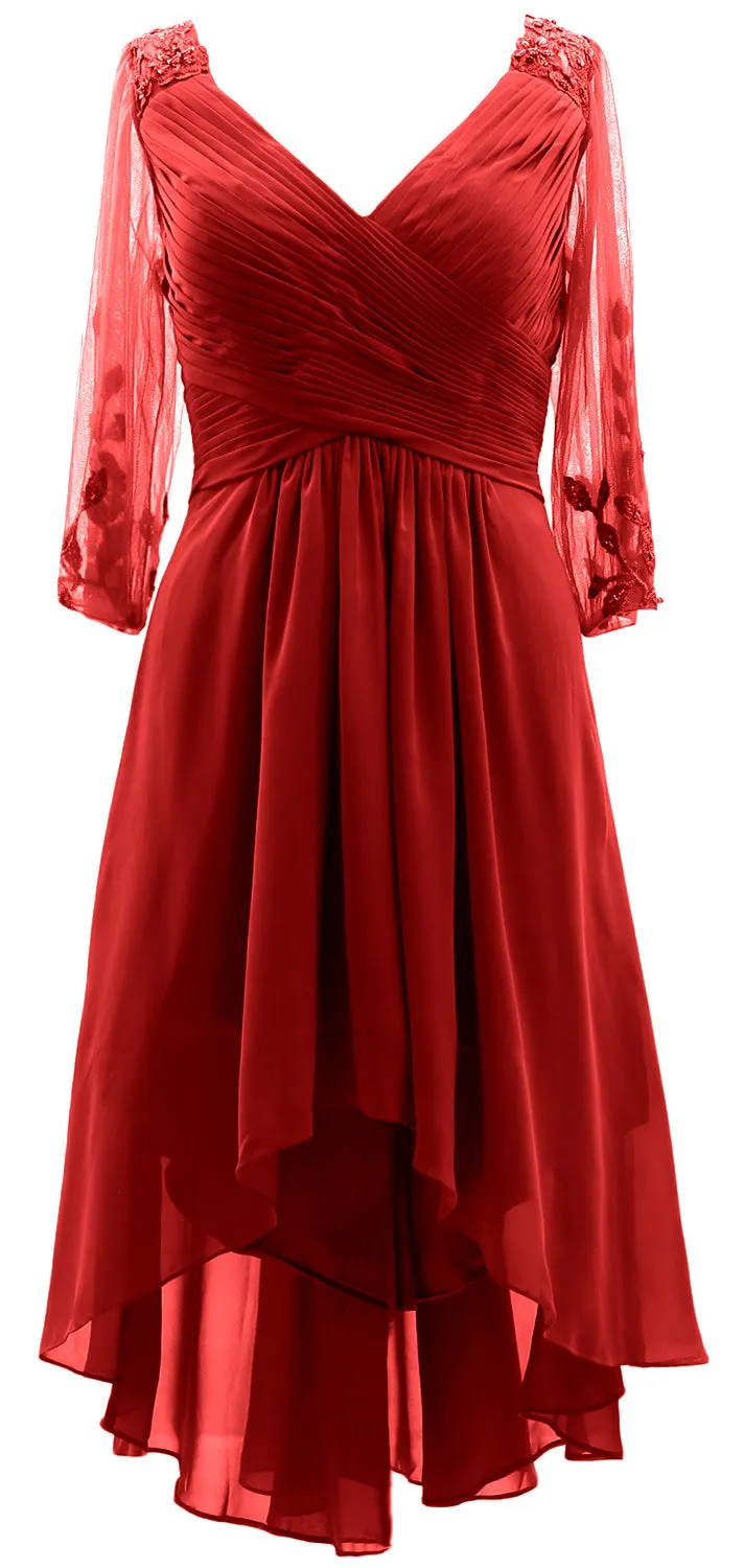 MACloth Women Neck High Low Mother of Bride Dresses V Evening Gown with Sleeves