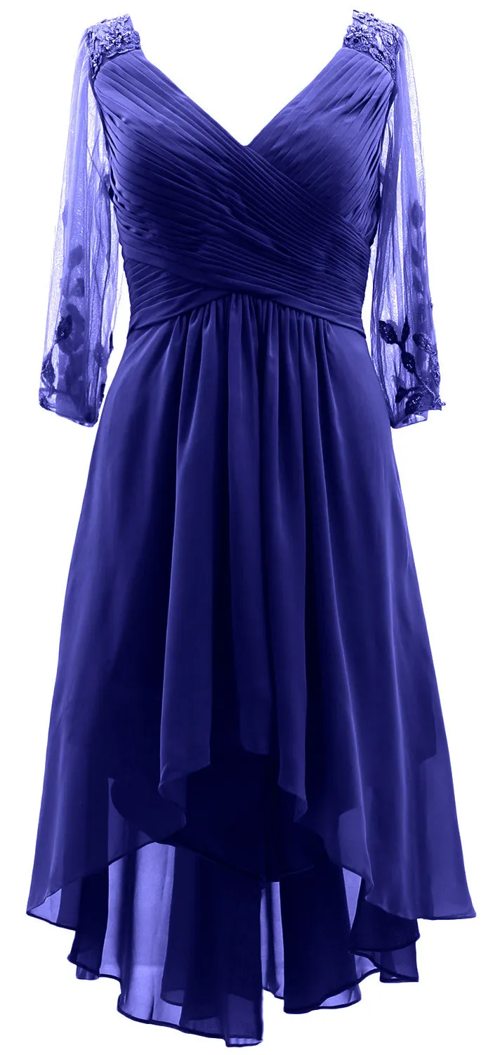 MACloth Women Neck High Low Mother of Bride Dresses V Evening Gown with Sleeves