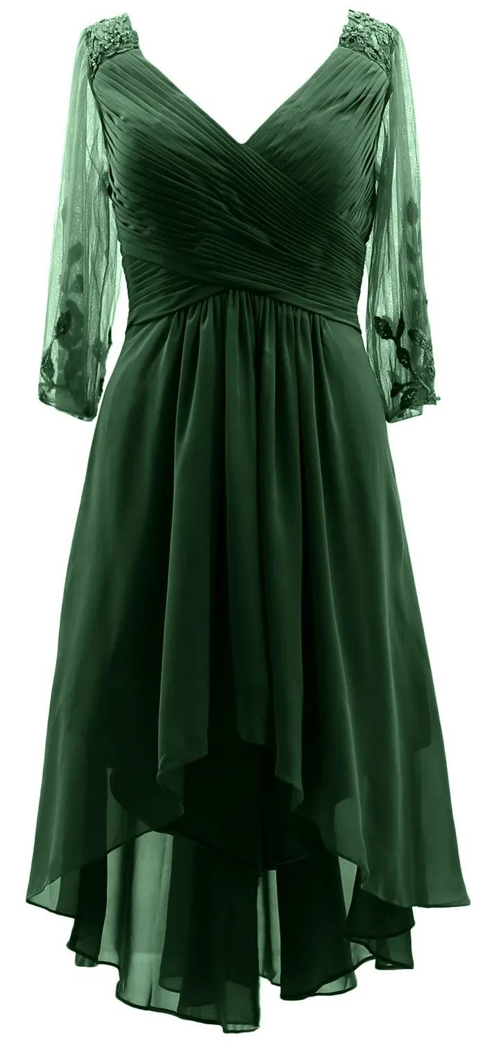 MACloth Women Neck High Low Mother of Bride Dresses V Evening Gown with Sleeves