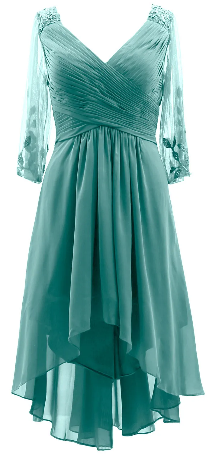MACloth Women Neck High Low Mother of Bride Dresses V Evening Gown with Sleeves
