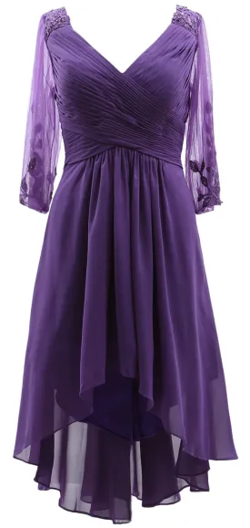 MACloth Women Neck High Low Mother of Bride Dresses V Evening Gown with Sleeves