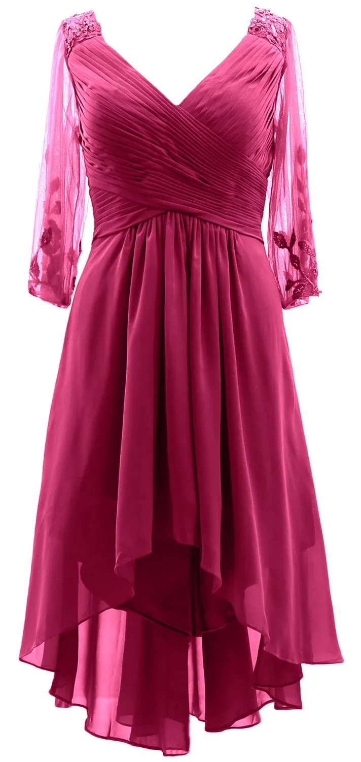 MACloth Women Neck High Low Mother of Bride Dresses V Evening Gown with Sleeves
