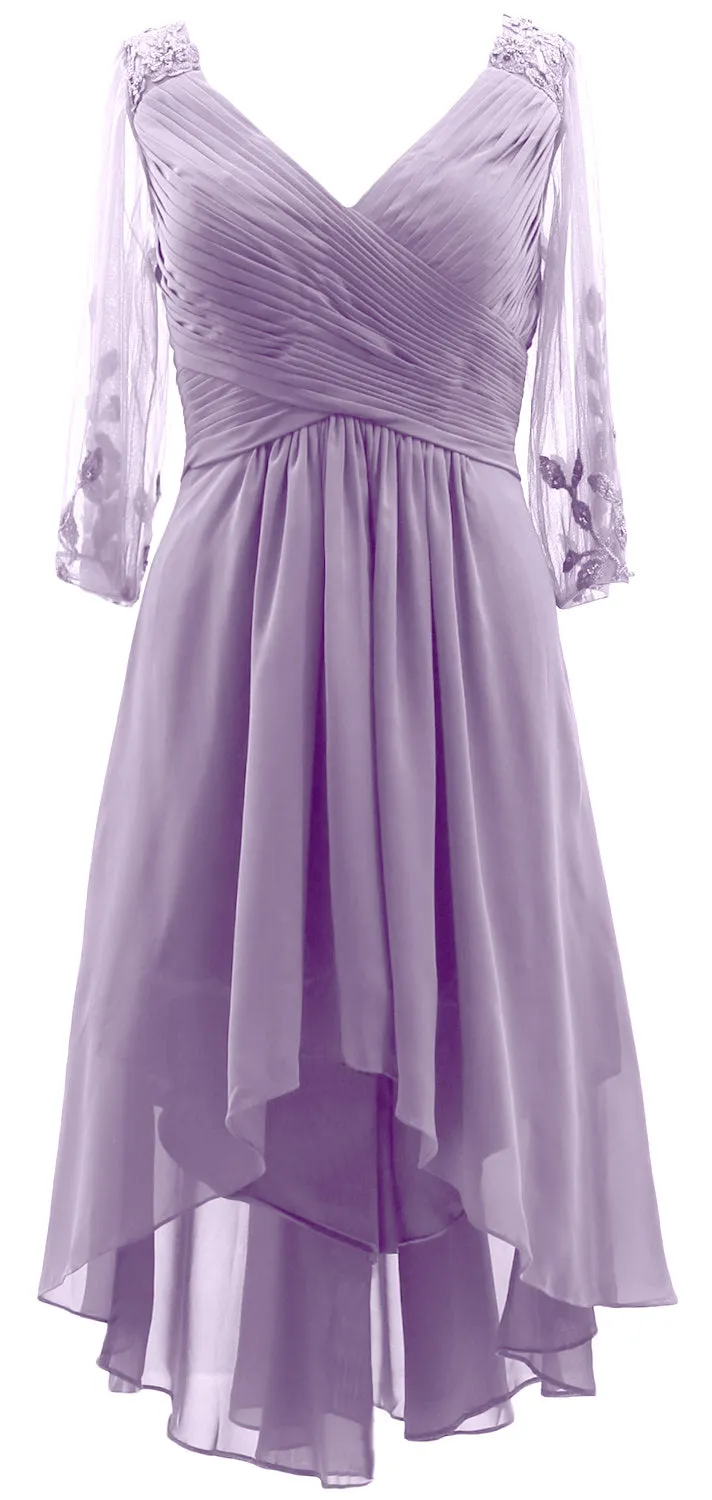 MACloth Women Neck High Low Mother of Bride Dresses V Evening Gown with Sleeves
