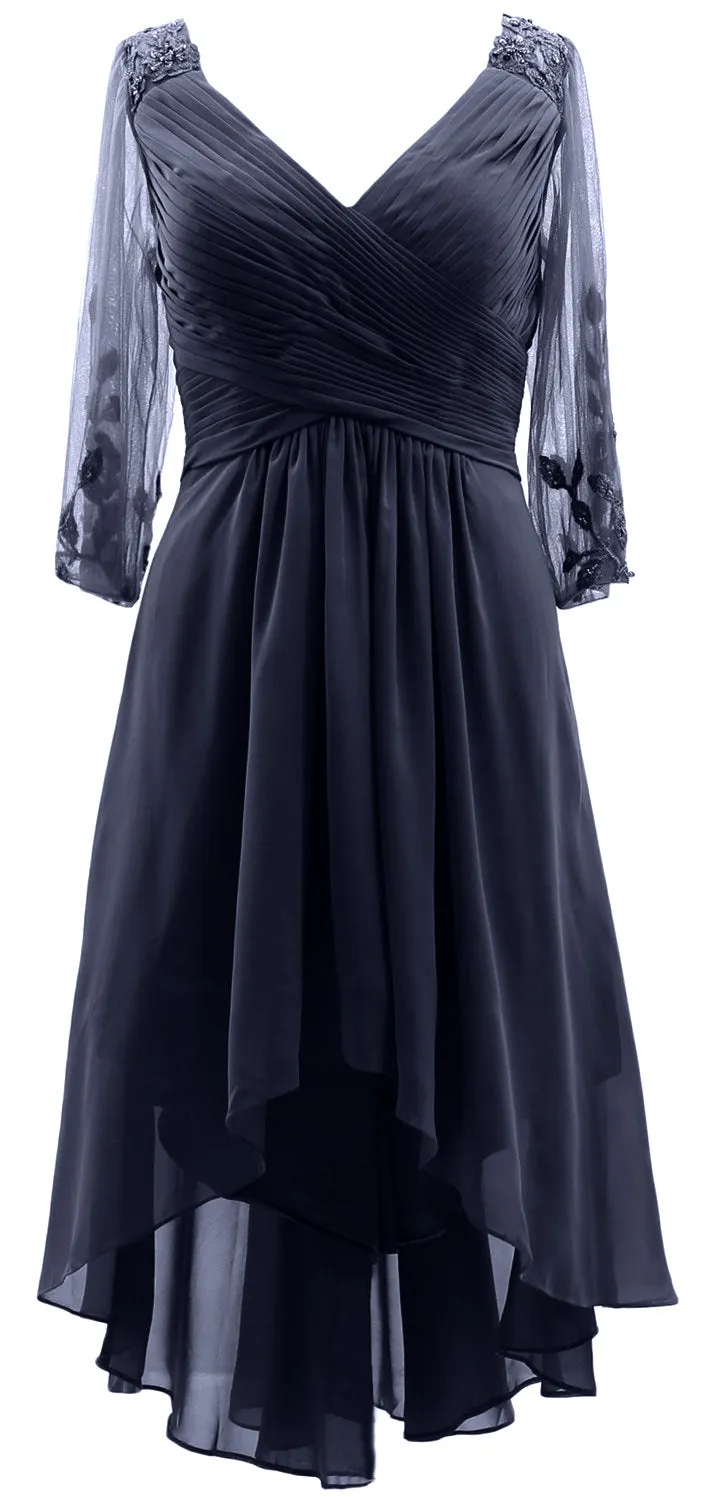 MACloth Women Neck High Low Mother of Bride Dresses V Evening Gown with Sleeves