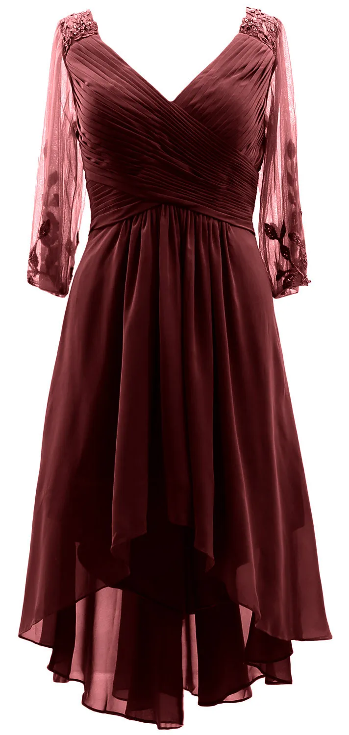 MACloth Women Neck High Low Mother of Bride Dresses V Evening Gown with Sleeves