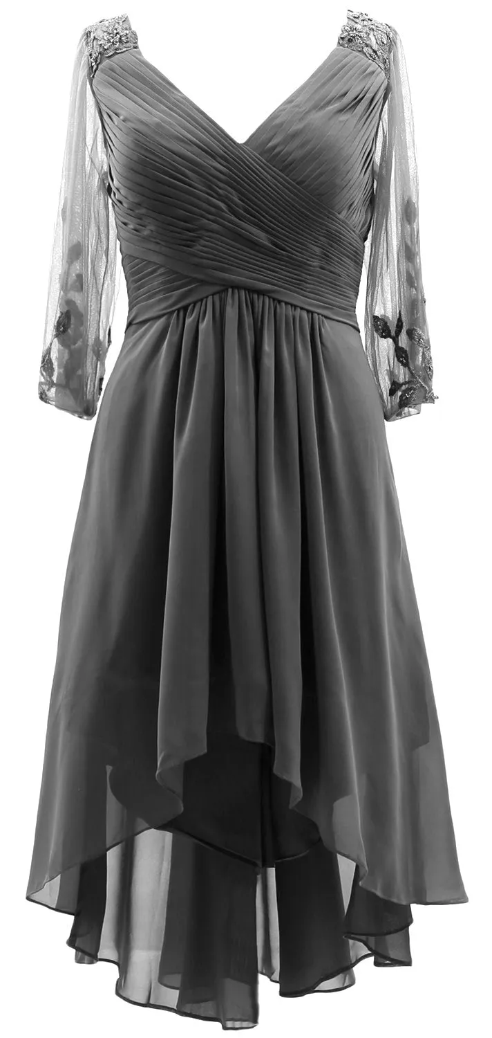 MACloth Women Neck High Low Mother of Bride Dresses V Evening Gown with Sleeves