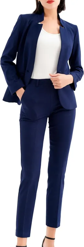 Marycrafts Women's Professional Stand Up Collar Blazer Pant Suits 2 Piece Set Business
