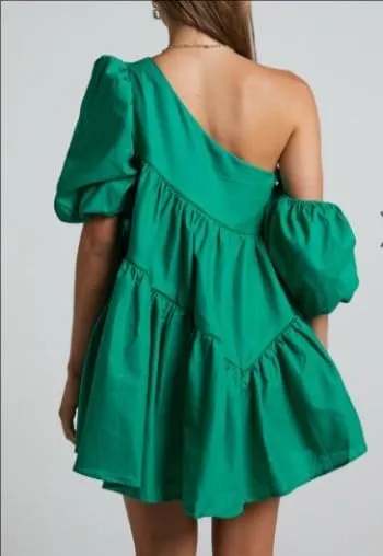 Melliflo Women's Summer Mini Dress One Shoulder Puff Sleeve Ruffle Hem Asymmetrical Flowy Skirt