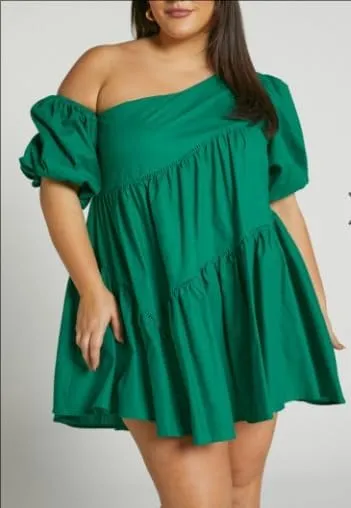 Melliflo Women's Summer Mini Dress One Shoulder Puff Sleeve Ruffle Hem Asymmetrical Flowy Skirt