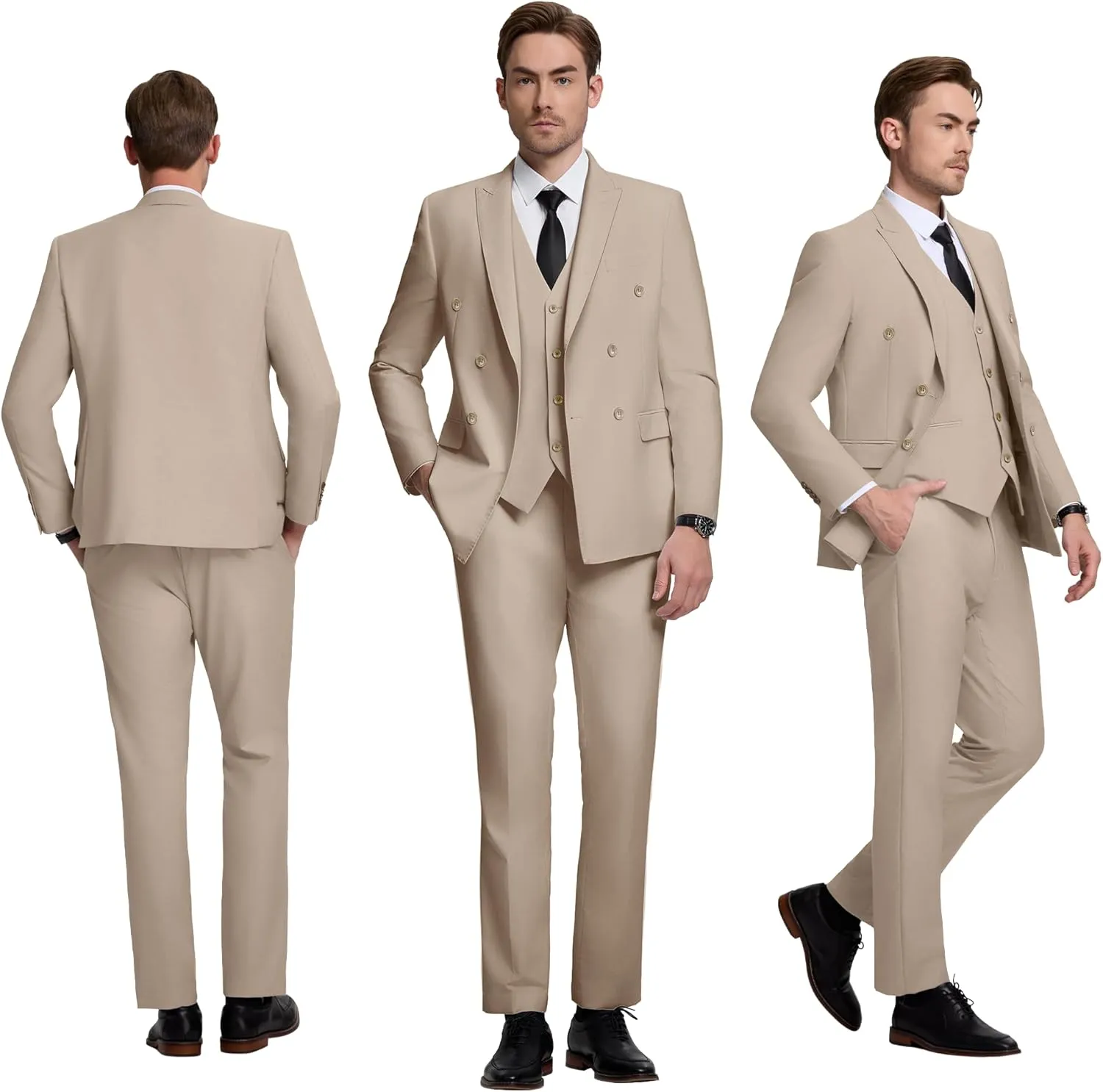 Mens Double Breasted Suit Slim Fit 3 Piece Suit Peak Lapel Solid Blazer Jacket Vest Pant Tuxedo Set for Wedding Business