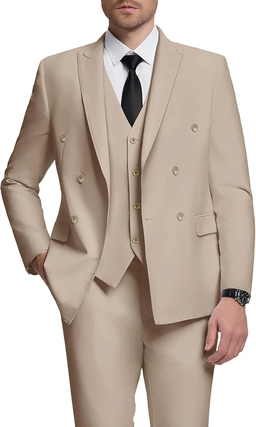 Mens Double Breasted Suit Slim Fit 3 Piece Suit Peak Lapel Solid Blazer Jacket Vest Pant Tuxedo Set for Wedding Business