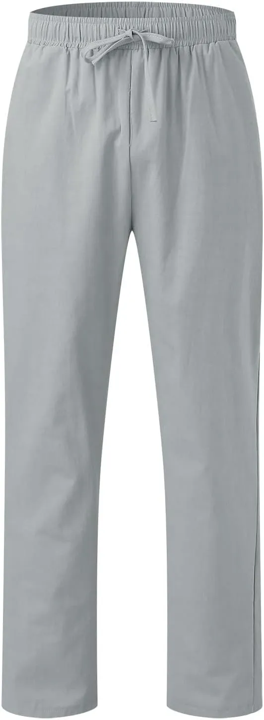 Men's Linen Pants Elastic Waist Drawstring Straight Leg Loose Fit Yoga Pants Lightweight Summer Beach Trousers with Pockets