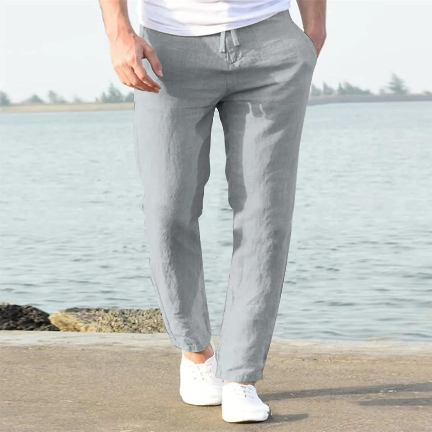 Men's Linen Pants Elastic Waist Drawstring Straight Leg Loose Fit Yoga Pants Lightweight Summer Beach Trousers with Pockets