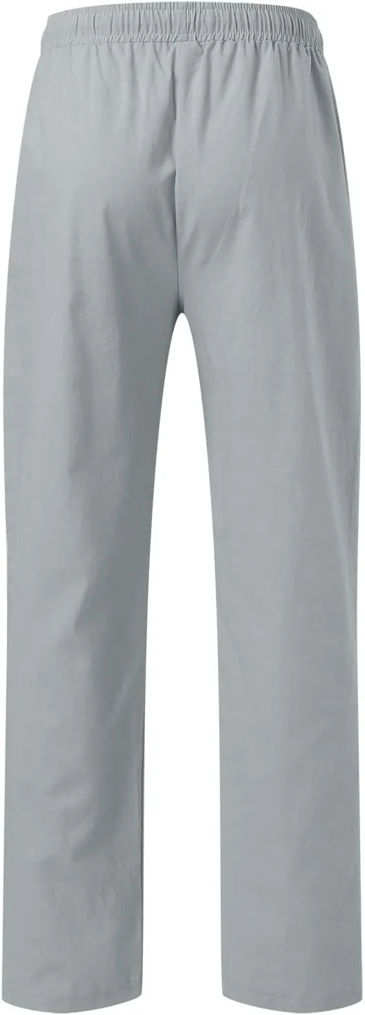 Men's Linen Pants Elastic Waist Drawstring Straight Leg Loose Fit Yoga Pants Lightweight Summer Beach Trousers with Pockets