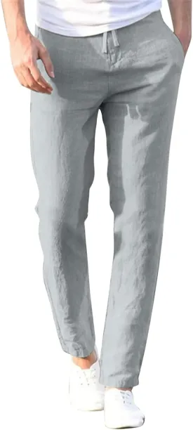 Men's Linen Pants Elastic Waist Drawstring Straight Leg Loose Fit Yoga Pants Lightweight Summer Beach Trousers with Pockets