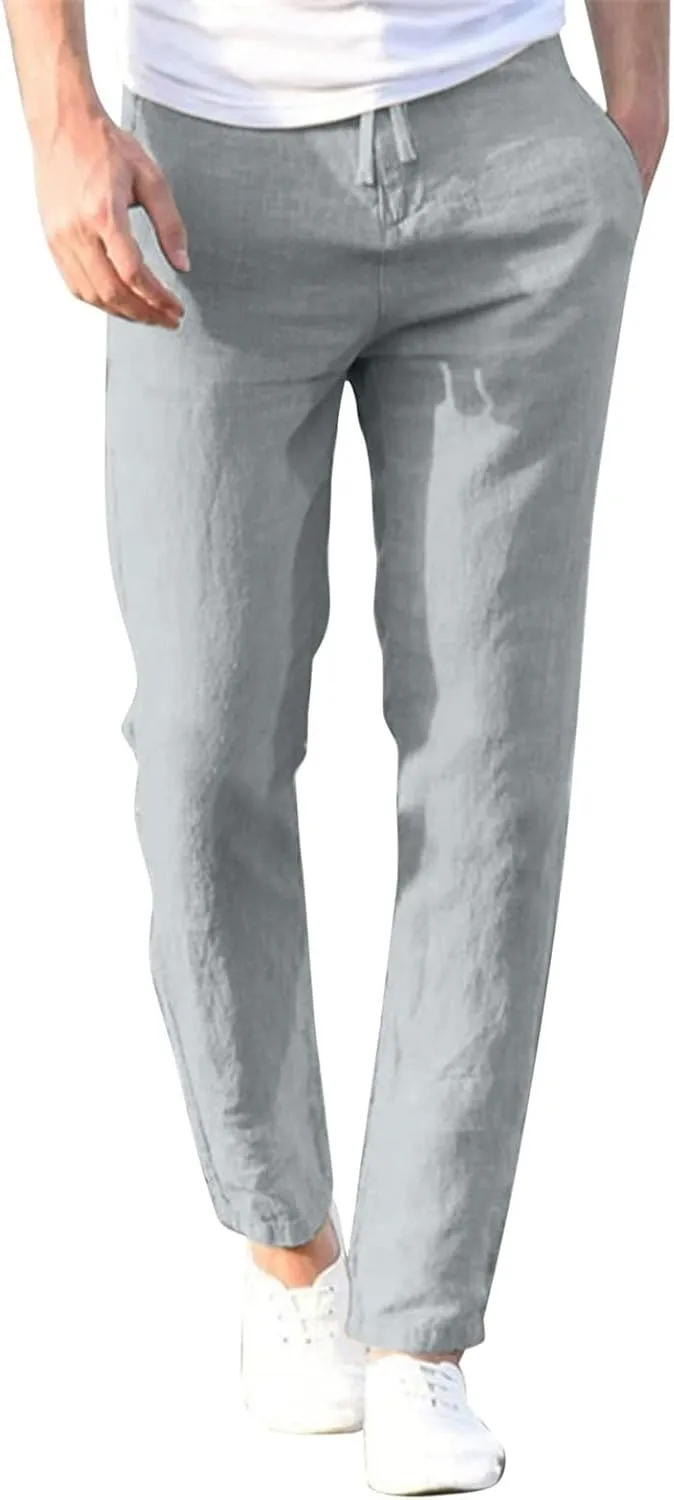 Men's Linen Pants Elastic Waist Drawstring Straight Leg Loose Fit Yoga Pants Lightweight Summer Beach Trousers with Pockets