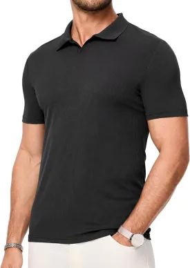 Mens Polo Shirts Short Sleeve V Neck Summer Polo T Shirts Casual Slim Fit Ribbed Textured Golf Shirts