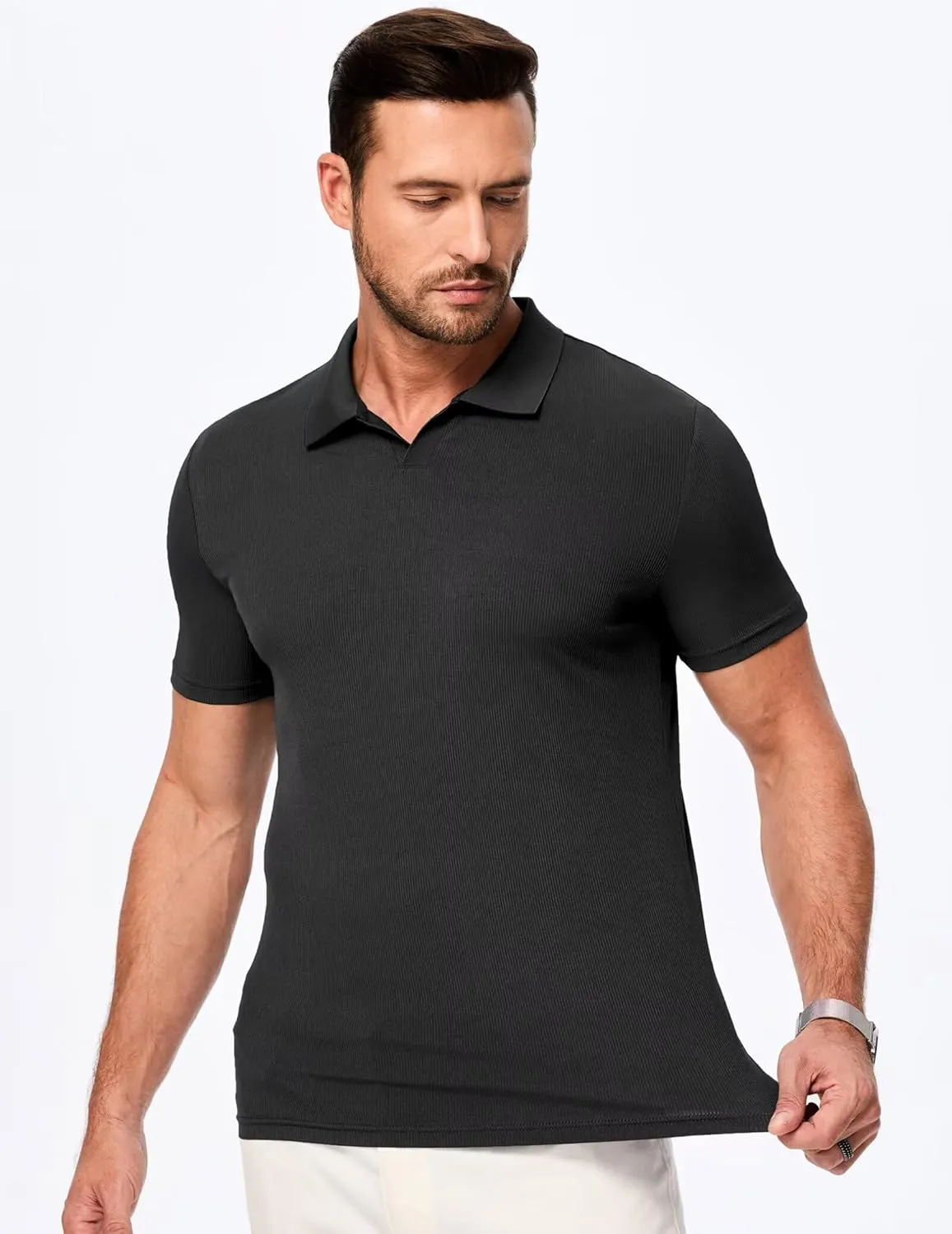 Mens Polo Shirts Short Sleeve V Neck Summer Polo T Shirts Casual Slim Fit Ribbed Textured Golf Shirts
