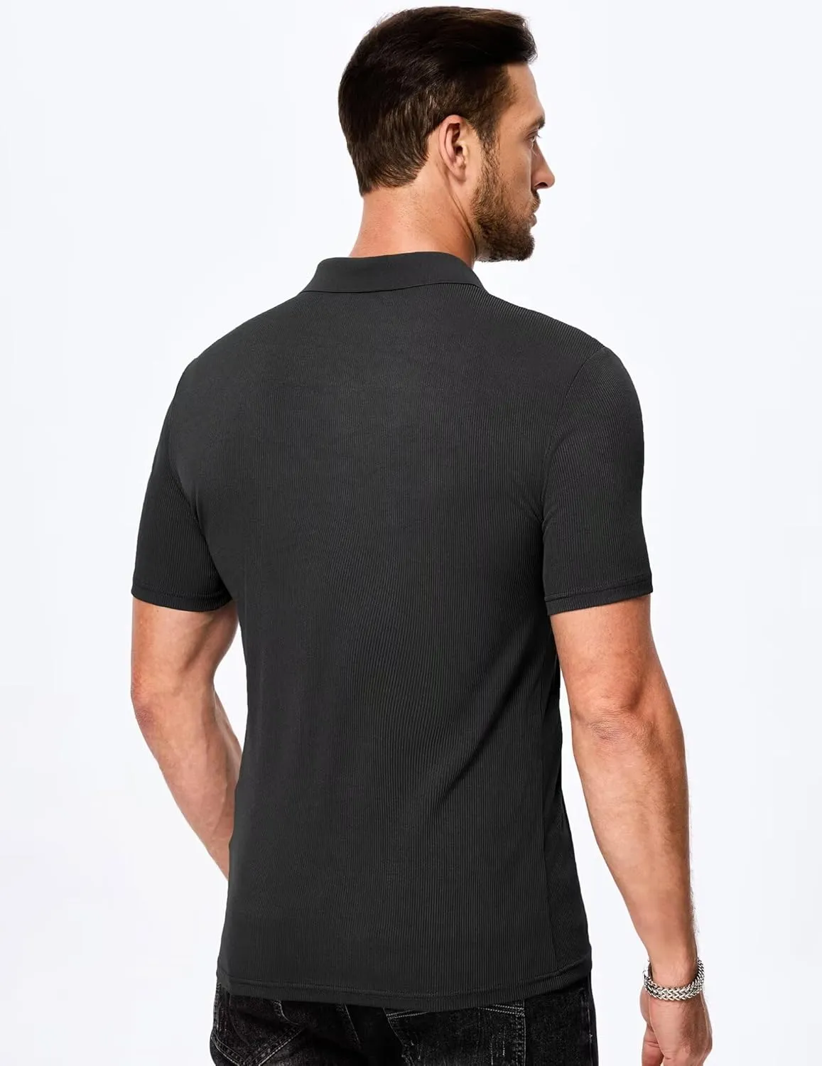 Mens Polo Shirts Short Sleeve V Neck Summer Polo T Shirts Casual Slim Fit Ribbed Textured Golf Shirts