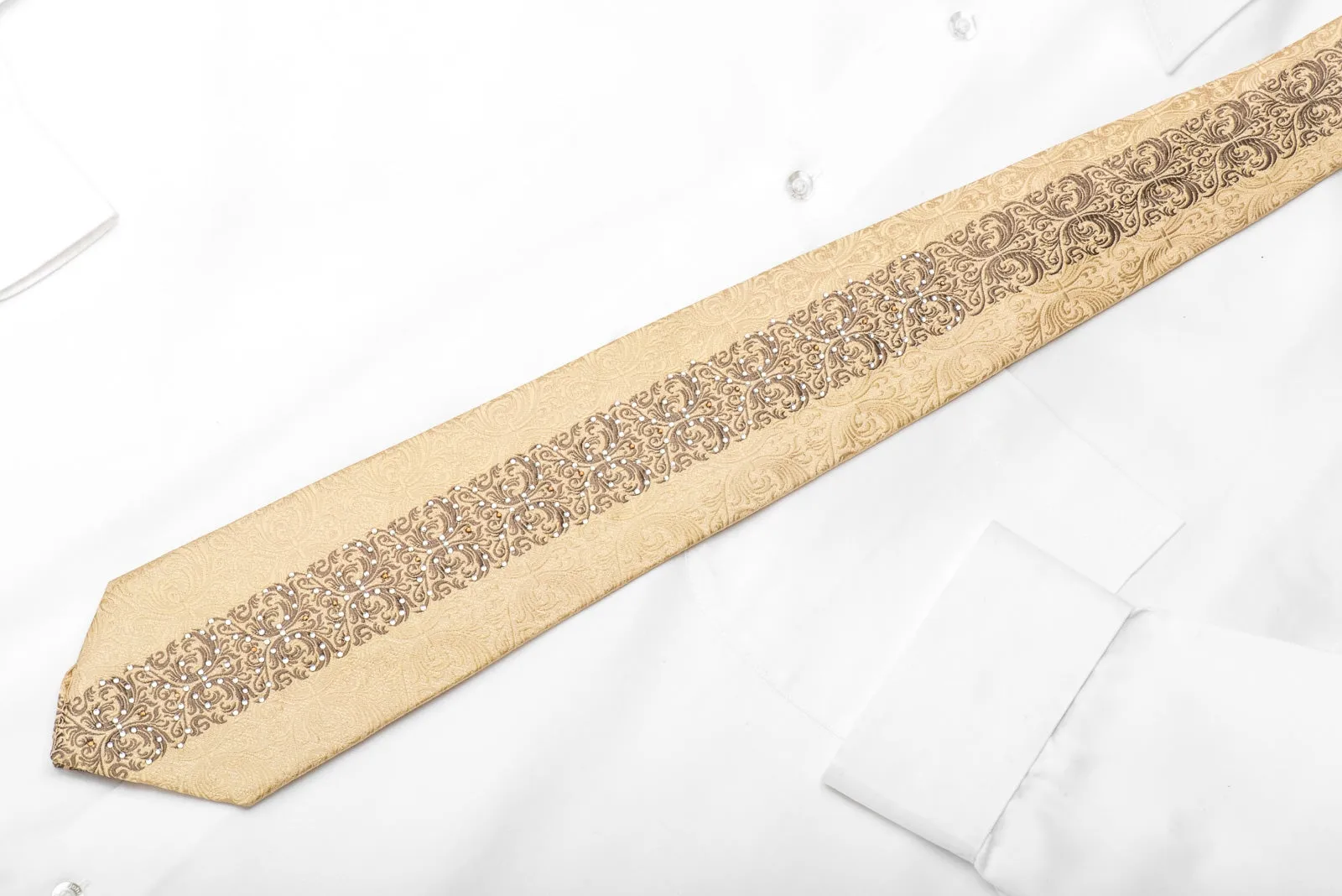 Metro City Men's Rhinestone Tie Brown Damask On Golden Beige With Gold Sparkles
