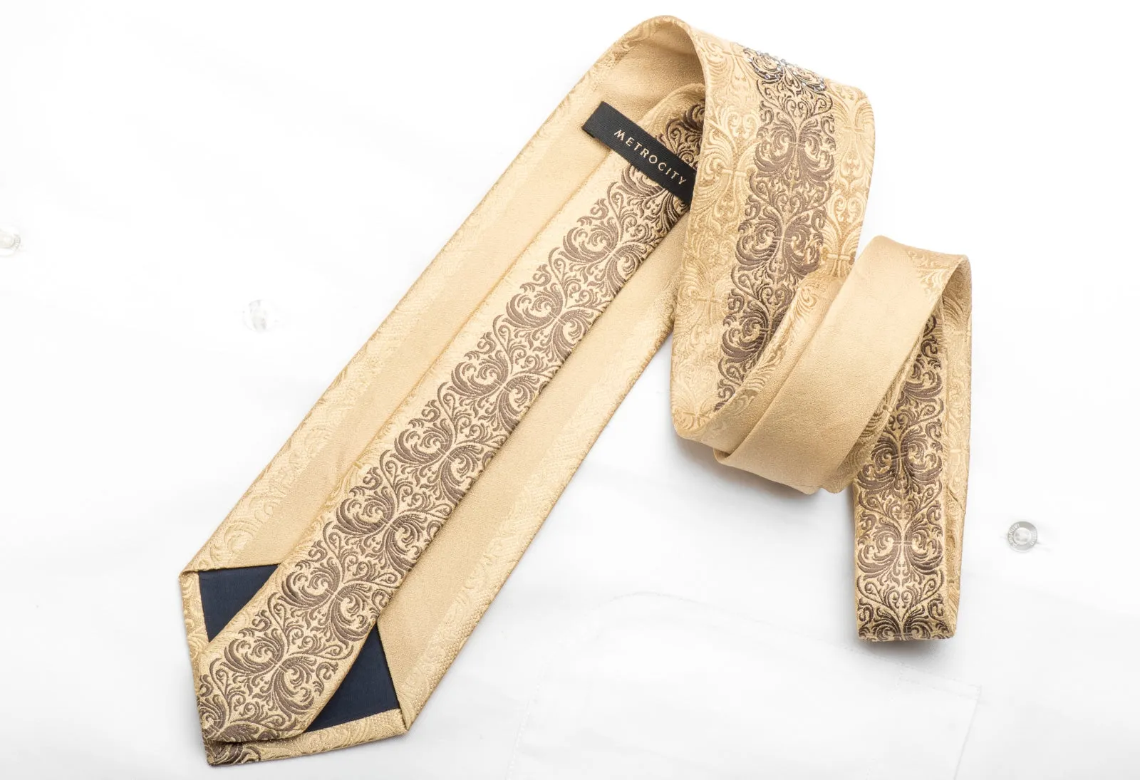 Metro City Men's Rhinestone Tie Brown Damask On Golden Beige With Gold Sparkles