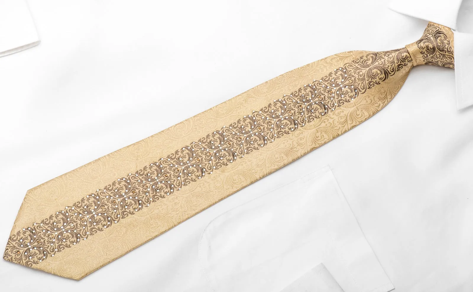 Metro City Men's Rhinestone Tie Brown Damask On Golden Beige With Gold Sparkles