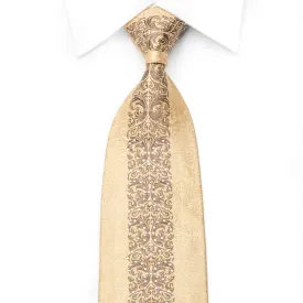 Metro City Men's Rhinestone Tie Brown Damask On Golden Beige With Gold Sparkles