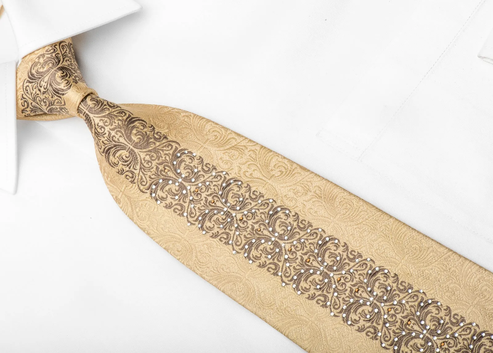 Metro City Men's Rhinestone Tie Brown Damask On Golden Beige With Gold Sparkles