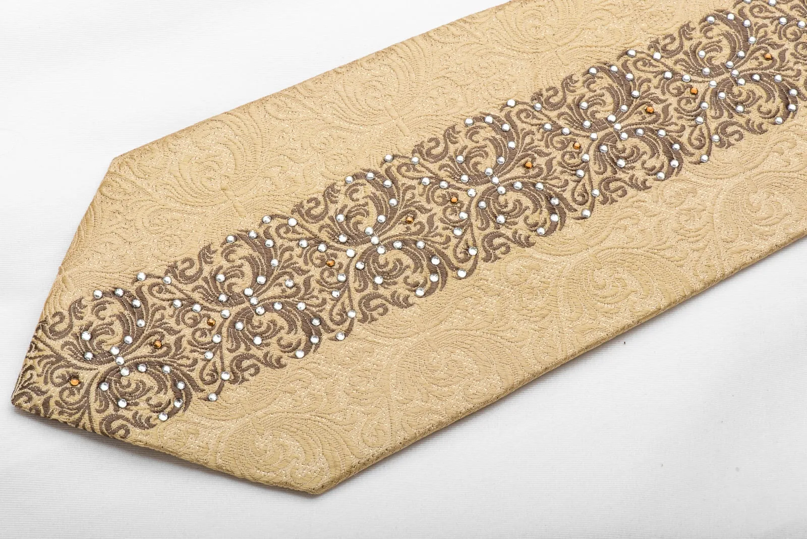 Metro City Men's Rhinestone Tie Brown Damask On Golden Beige With Gold Sparkles