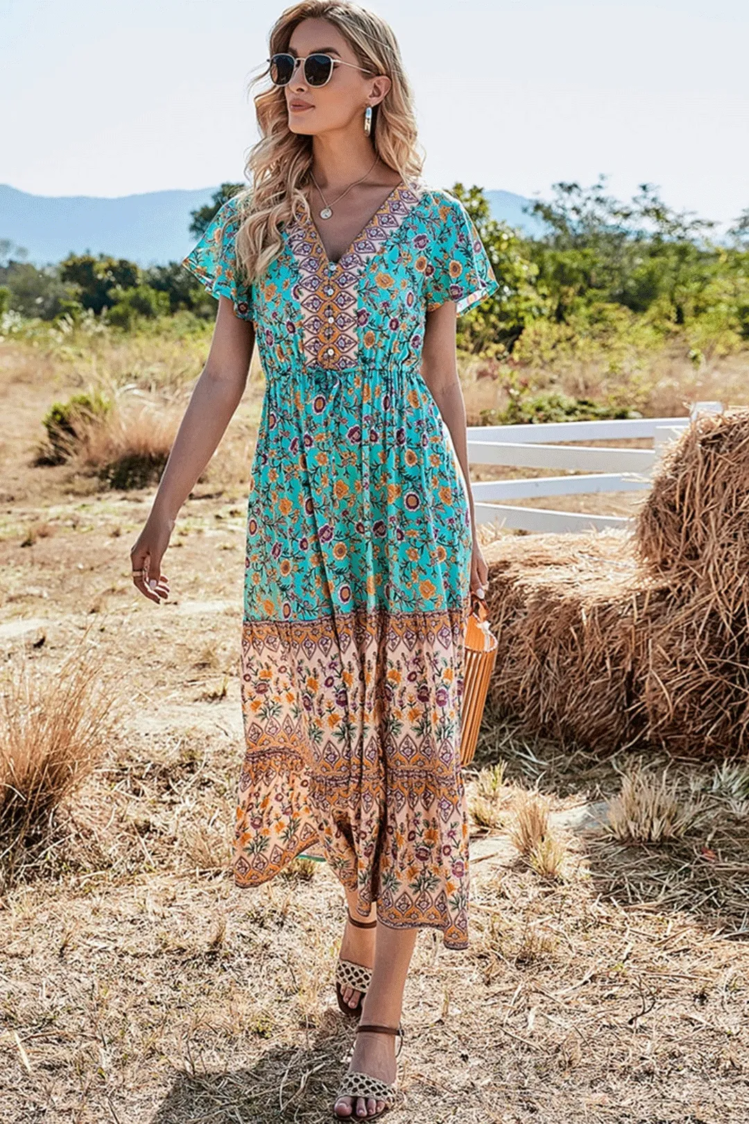 Midi Dress, Boho Dress, Sundress, Aubrey Zaynab in Yellow Pink and Green