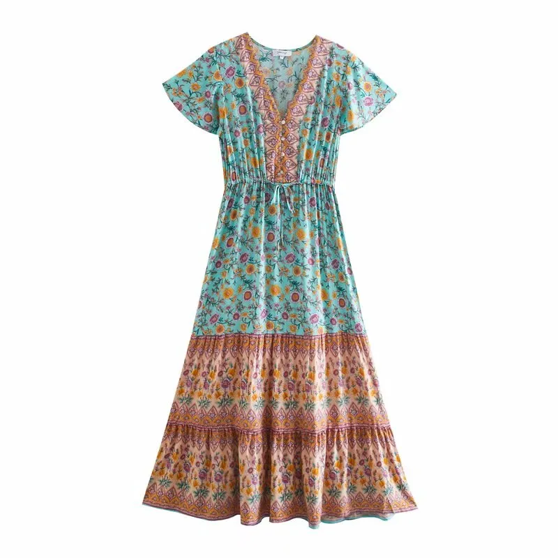 Midi Dress, Boho Dress, Sundress, Aubrey Zaynab in Yellow Pink and Green