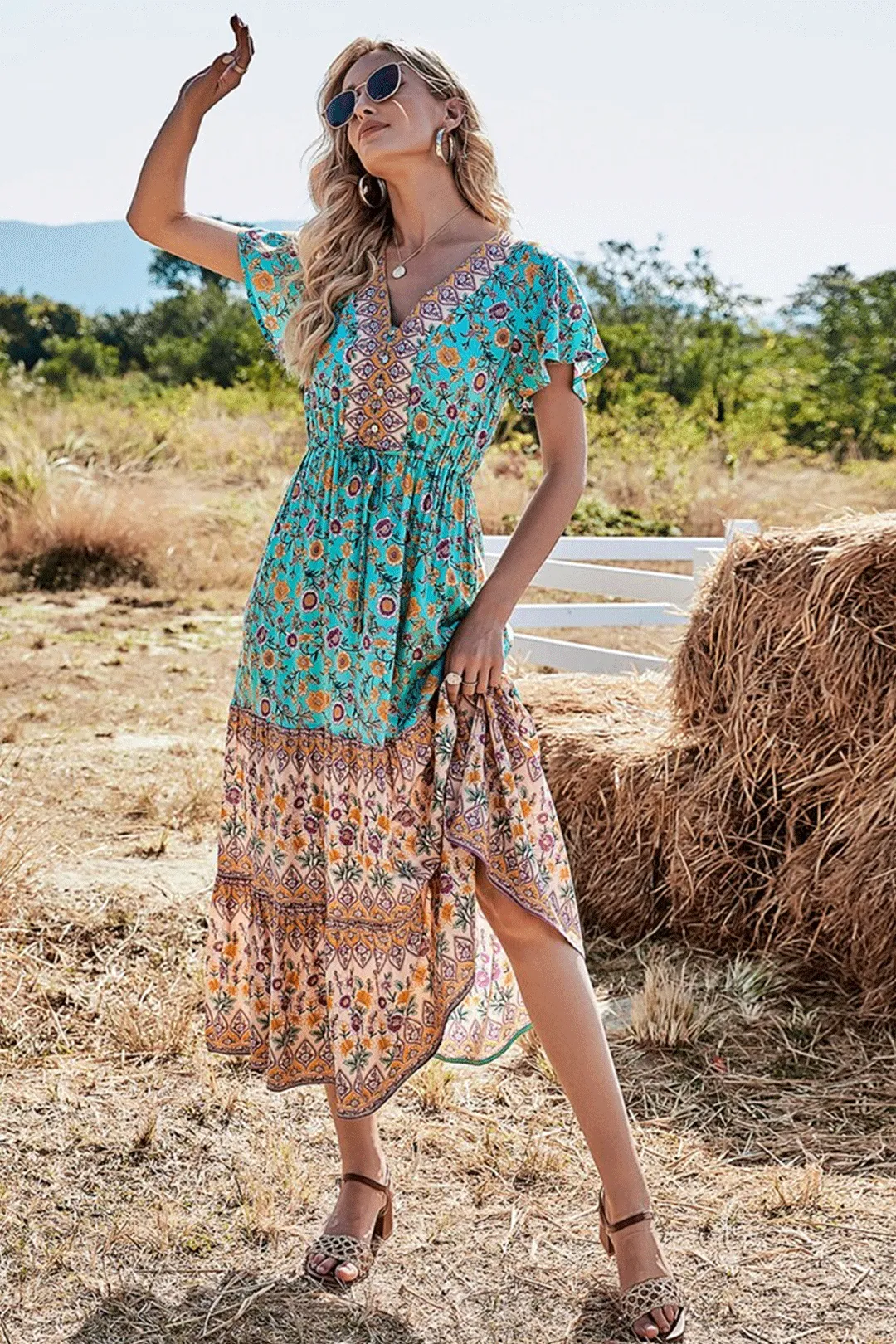 Midi Dress, Boho Dress, Sundress, Aubrey Zaynab in Yellow Pink and Green