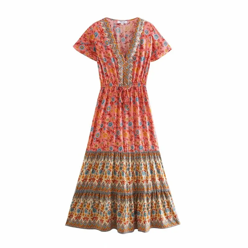 Midi Dress, Boho Dress, Sundress, Aubrey Zaynab in Yellow Pink and Green