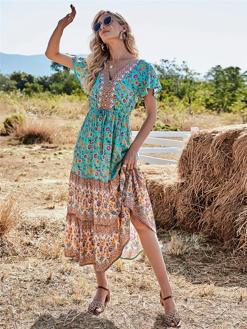 Midi Dress, Boho Dress, Sundress, Aubrey Zaynab in Yellow Pink and Green