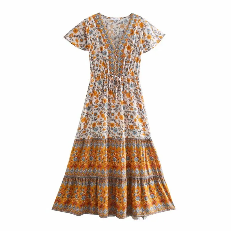 Midi Dress, Boho Dress, Sundress, Aubrey Zaynab in Yellow Pink and Green
