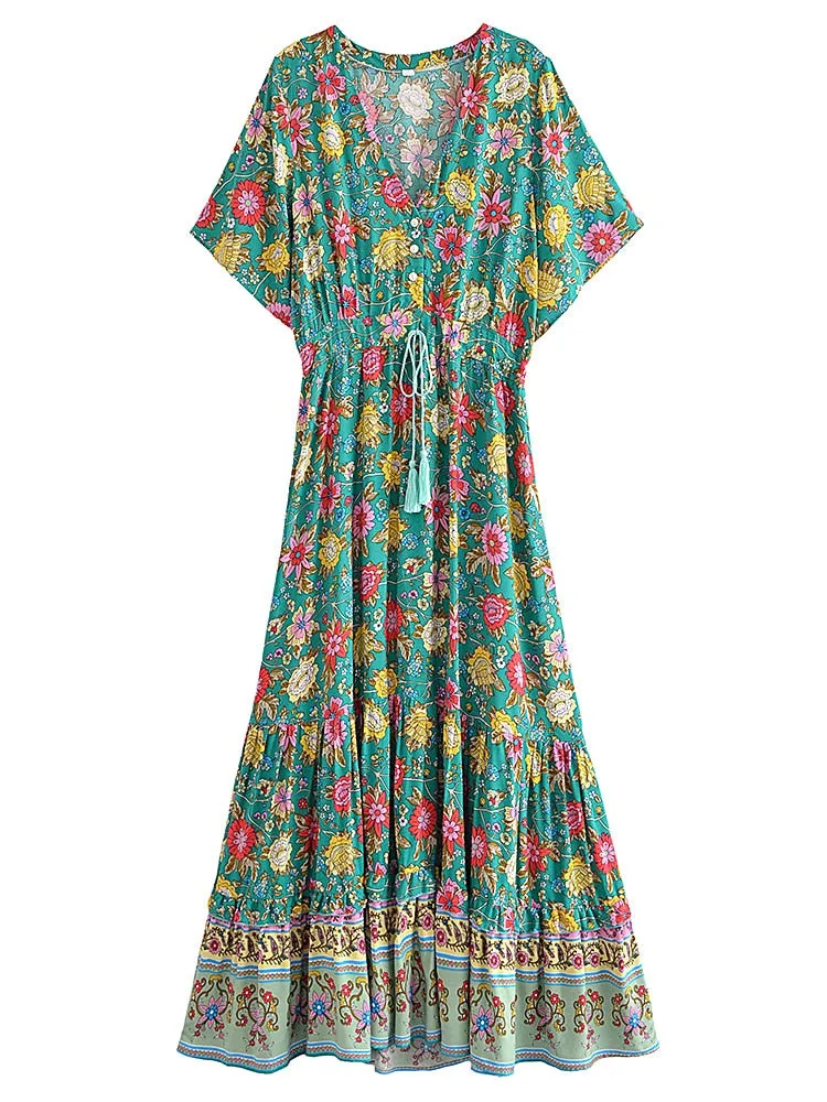 Midi Dress, Boho Dress, Sundress, Green Arabian Jasmine