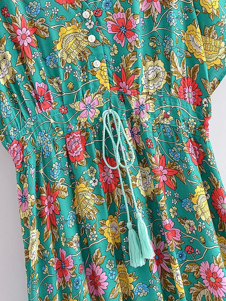 Midi Dress, Boho Dress, Sundress, Green Arabian Jasmine
